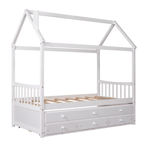 HomeRoots White Wood Twin House Bed with Trundle – Stylish, Space-Saving Design for Kids' Rooms & Guests 590558