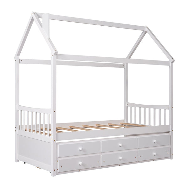 HomeRoots White Wood Twin House Bed with Trundle – Stylish, Space-Saving Design for Kids' Rooms & Guests 590558