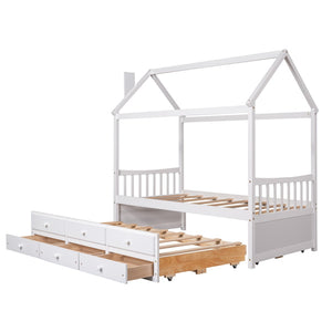 HomeRoots White Wood Twin House Bed with Trundle – Stylish, Space-Saving Design for Kids' Rooms & Guests 590558
