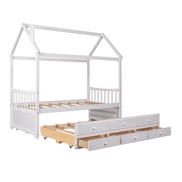 HomeRoots White Wood Twin House Bed with Trundle – Stylish, Space-Saving Design for Kids' Rooms & Guests 590558
