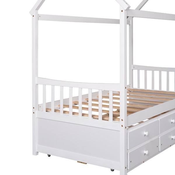 HomeRoots White Wood Twin House Bed with Trundle – Stylish, Space-Saving Design for Kids' Rooms & Guests 590558