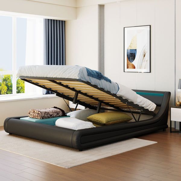 HomeRoots Black Tufted Upholstered Queen Bed Frame with USB Charging & Integrated Lighting for Modern Elegance 590559