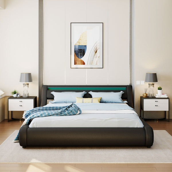 HomeRoots Black Tufted Upholstered Queen Bed Frame with USB Charging & Integrated Lighting for Modern Elegance 590559