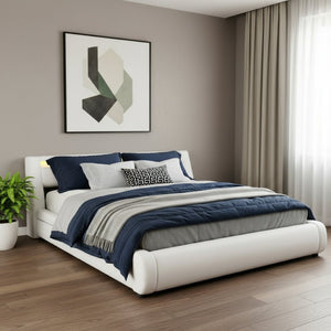 HomeRoots White Tufted Upholstered Queen Bed Frame with Built-in Lighting & USB - Modern Retreat Design 590560