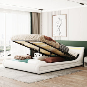 HomeRoots White Tufted Upholstered Queen Bed Frame with Built-in Lighting & USB - Modern Retreat Design 590560