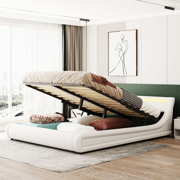 HomeRoots White Tufted Upholstered Queen Bed Frame with Built-in Lighting & USB - Modern Retreat Design 590560