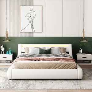 HomeRoots White Tufted Upholstered Queen Bed Frame with Built-in Lighting & USB - Modern Retreat Design 590560
