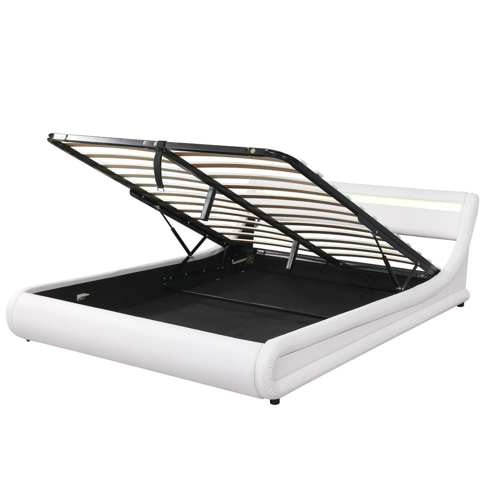 HomeRoots White Tufted Upholstered Queen Bed Frame with Built-in Lighting & USB - Modern Retreat Design 590560