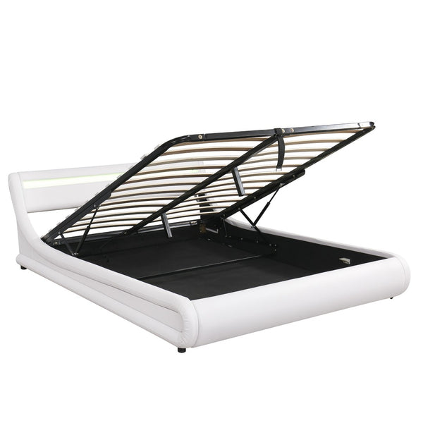 HomeRoots White Tufted Upholstered Queen Bed Frame with Built-in Lighting & USB - Modern Retreat Design 590560