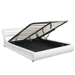 HomeRoots White Tufted Upholstered Queen Bed Frame with Built-in Lighting & USB - Modern Retreat Design 590560