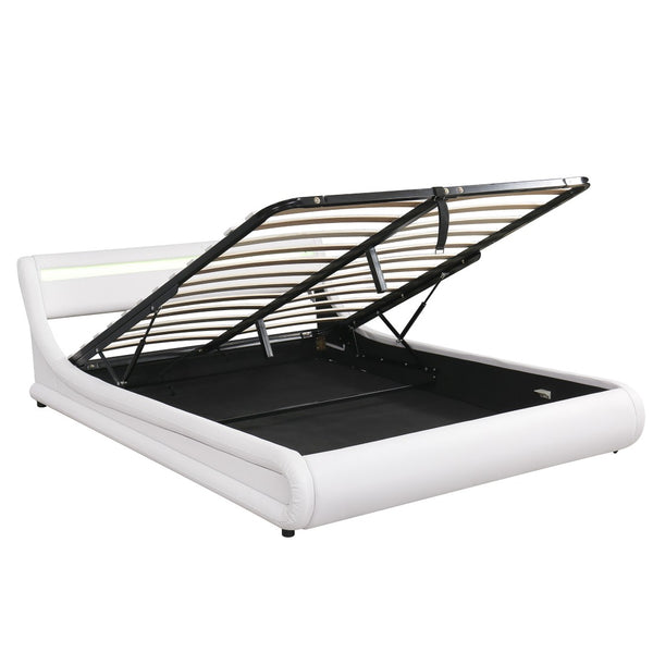 HomeRoots White Tufted Upholstered Queen Bed Frame with Built-in Lighting & USB - Modern Retreat Design 590560