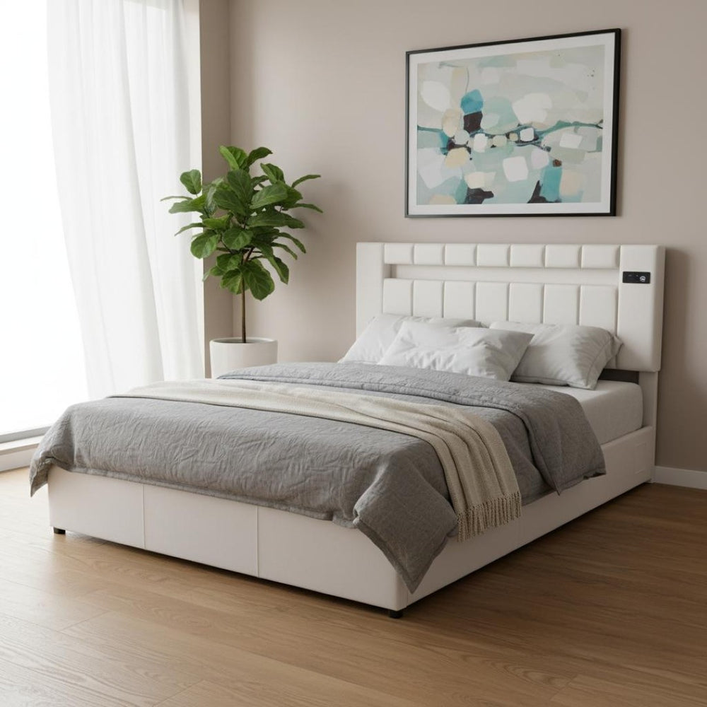 HomeRoots Beige Tufted Upholstered Queen Bed Frame with USB Port – Stylish Comfort & Modern Design for Any Room 590561
