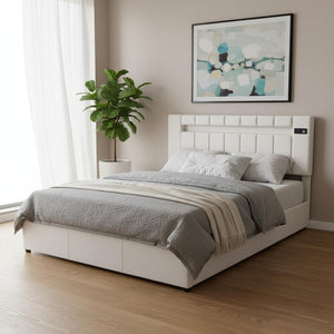 HomeRoots Beige Tufted Upholstered Queen Bed Frame with USB Port – Stylish Comfort & Modern Design for Any Room 590561