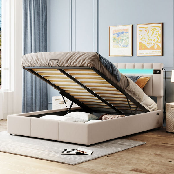 HomeRoots Beige Tufted Upholstered Queen Bed Frame with USB Port – Stylish Comfort & Modern Design for Any Room 590561