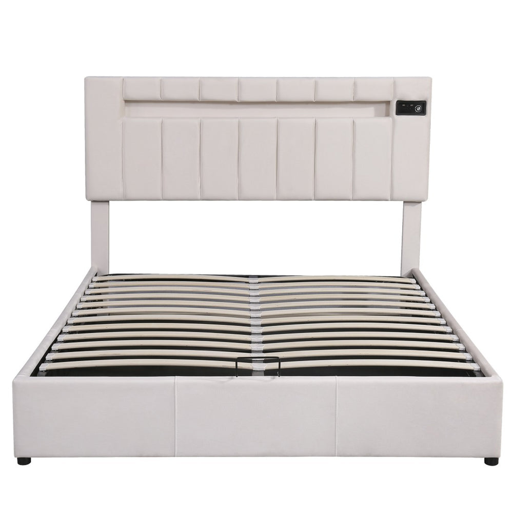 HomeRoots Beige Tufted Upholstered Queen Bed Frame with USB Port – Stylish Comfort & Modern Design for Any Room 590561
