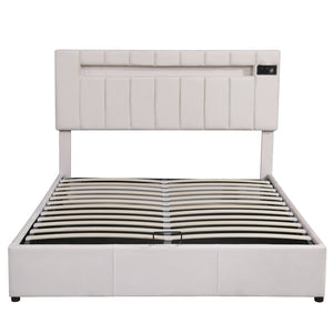HomeRoots Beige Tufted Upholstered Queen Bed Frame with USB Port – Stylish Comfort & Modern Design for Any Room 590561