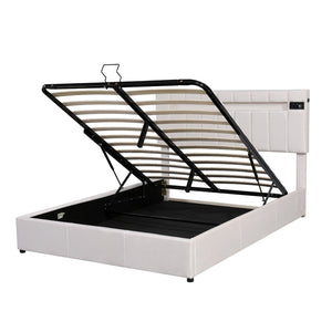 HomeRoots Beige Tufted Upholstered Queen Bed Frame with USB Port – Stylish Comfort & Modern Design for Any Room 590561