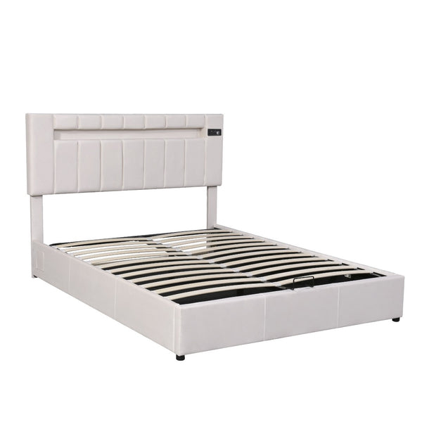 HomeRoots Beige Tufted Upholstered Queen Bed Frame with USB Port – Stylish Comfort & Modern Design for Any Room 590561