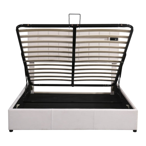HomeRoots Beige Tufted Upholstered Queen Bed Frame with USB Port – Stylish Comfort & Modern Design for Any Room 590561