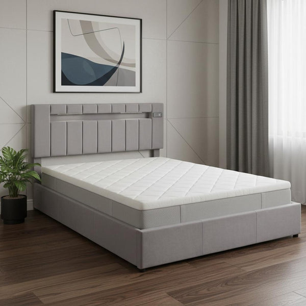 HomeRoots Gray Tufted Upholstered Queen Bed Frame with USB Port - Elegant Design for Cozy Bedroom Retreat 590562
