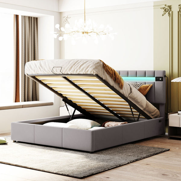 HomeRoots Gray Tufted Upholstered Queen Bed Frame with USB Port - Elegant Design for Cozy Bedroom Retreat 590562