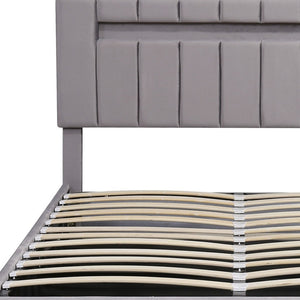 HomeRoots Gray Tufted Upholstered Queen Bed Frame with USB Port - Elegant Design for Cozy Bedroom Retreat 590562