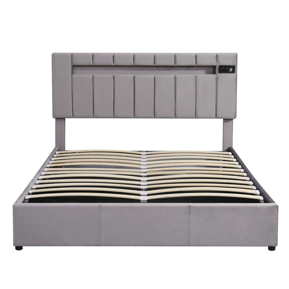 HomeRoots Gray Tufted Upholstered Queen Bed Frame with USB Port - Elegant Design for Cozy Bedroom Retreat 590562