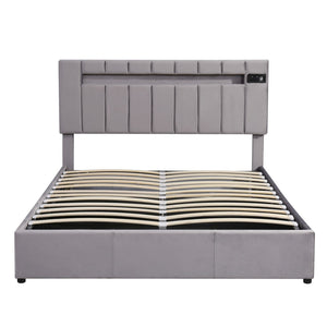 HomeRoots Gray Tufted Upholstered Queen Bed Frame with USB Port - Elegant Design for Cozy Bedroom Retreat 590562
