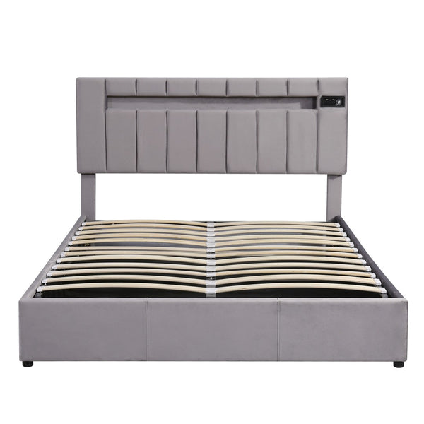 HomeRoots Gray Tufted Upholstered Queen Bed Frame with USB Port - Elegant Design for Cozy Bedroom Retreat 590562