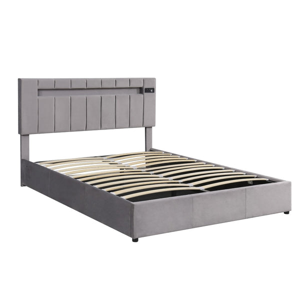 HomeRoots Gray Tufted Upholstered Queen Bed Frame with USB Port - Elegant Design for Cozy Bedroom Retreat 590562