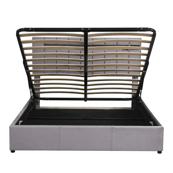 HomeRoots Gray Tufted Upholstered Queen Bed Frame with USB Port - Elegant Design for Cozy Bedroom Retreat 590562