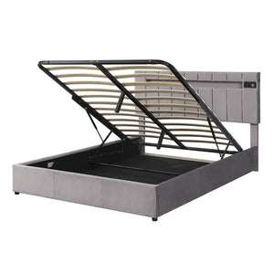 HomeRoots Gray Tufted Upholstered Queen Bed Frame with USB Port - Elegant Design for Cozy Bedroom Retreat 590562