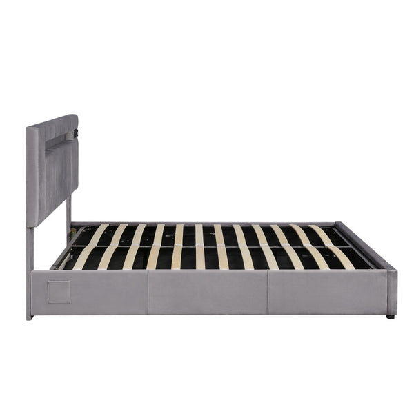 HomeRoots Gray Tufted Upholstered Queen Bed Frame with USB Port - Elegant Design for Cozy Bedroom Retreat 590562
