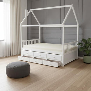 HomeRoots White Wood Full House Bed with Trundle - Elegant Design, Durable Frame, Extra Sleeping Space Included 590563
