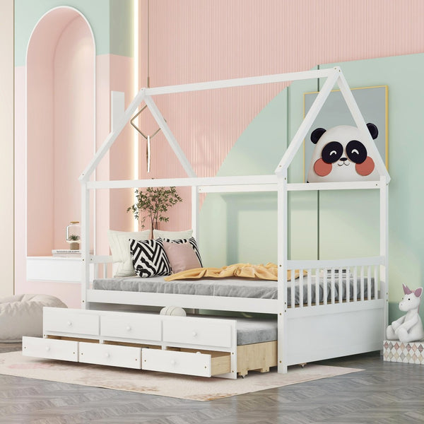 HomeRoots White Wood Full House Bed with Trundle - Elegant Design, Durable Frame, Extra Sleeping Space Included 590563