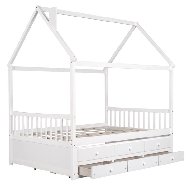 HomeRoots White Wood Full House Bed with Trundle - Elegant Design, Durable Frame, Extra Sleeping Space Included 590563