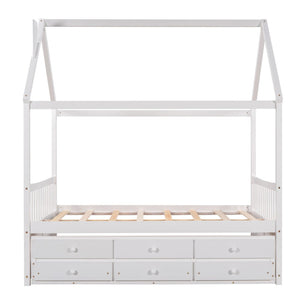 HomeRoots White Wood Full House Bed with Trundle - Elegant Design, Durable Frame, Extra Sleeping Space Included 590563