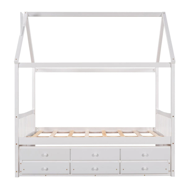 HomeRoots White Wood Full House Bed with Trundle - Elegant Design, Durable Frame, Extra Sleeping Space Included 590563