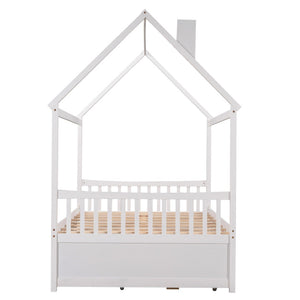 HomeRoots White Wood Full House Bed with Trundle - Elegant Design, Durable Frame, Extra Sleeping Space Included 590563