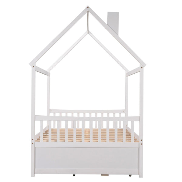 HomeRoots White Wood Full House Bed with Trundle - Elegant Design, Durable Frame, Extra Sleeping Space Included 590563