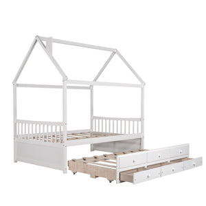 HomeRoots White Wood Full House Bed with Trundle - Elegant Design, Durable Frame, Extra Sleeping Space Included 590563