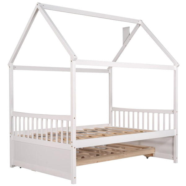HomeRoots White Wood Full House Bed with Trundle - Elegant Design, Durable Frame, Extra Sleeping Space Included 590563