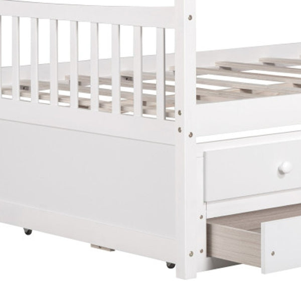 HomeRoots White Wood Full House Bed with Trundle - Elegant Design, Durable Frame, Extra Sleeping Space Included 590563