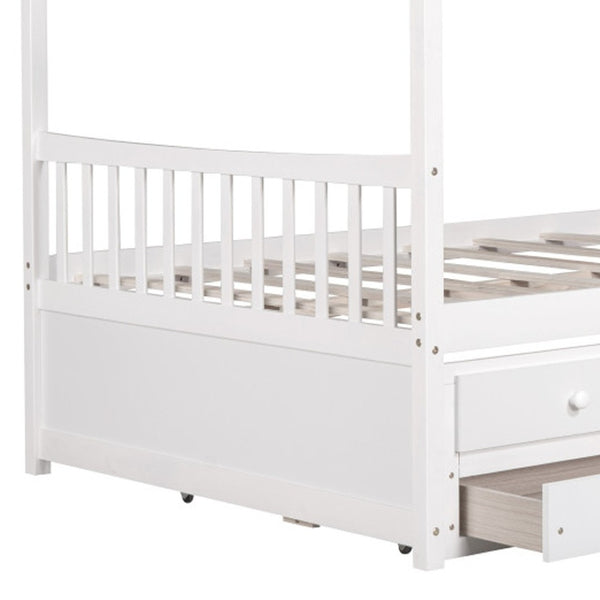 HomeRoots White Wood Full House Bed with Trundle - Elegant Design, Durable Frame, Extra Sleeping Space Included 590563