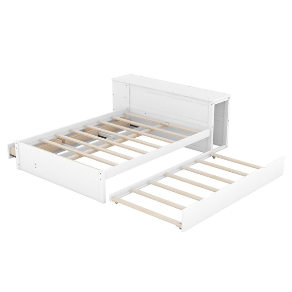 HomeRoots White Wood Full Bed Frame with Trundle - Modern, Space-Saving Design for Stylish Sleep Spaces 590564