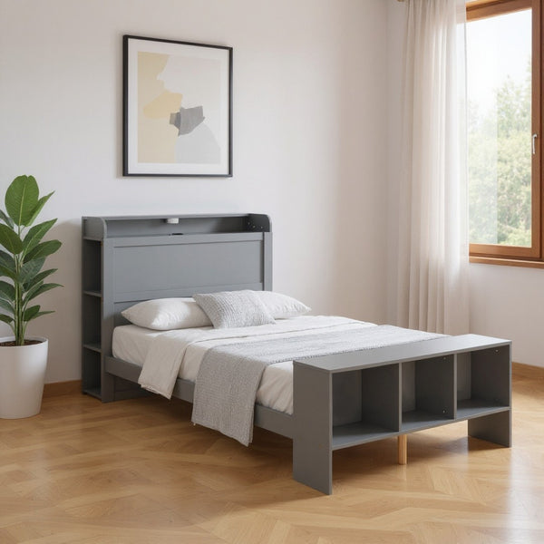 HomeRoots Gray Wood Twin Bed Frame with USB Port – Modern Platform Design, Durable Construction & Stylish Finish 590565