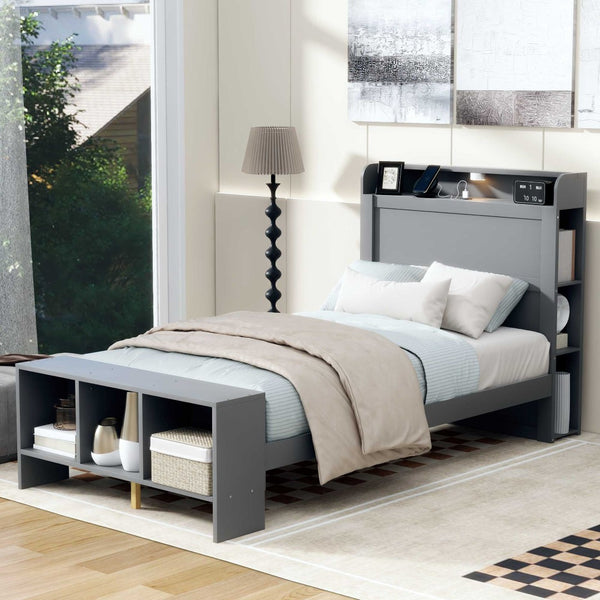 HomeRoots Gray Wood Twin Bed Frame with USB Port – Modern Platform Design, Durable Construction & Stylish Finish 590565