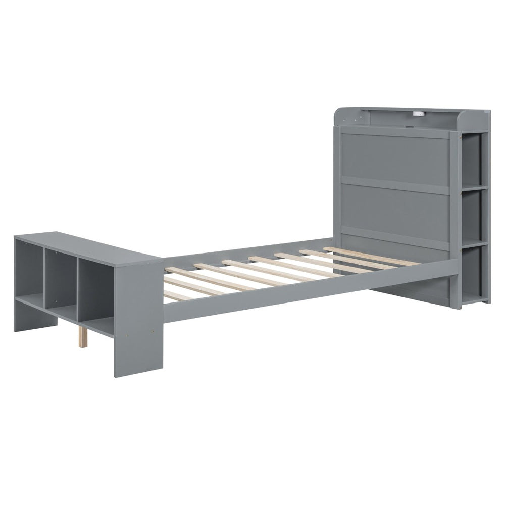 HomeRoots Gray Wood Twin Bed Frame with USB Port – Modern Platform Design, Durable Construction & Stylish Finish 590565
