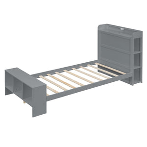 HomeRoots Gray Wood Twin Bed Frame with USB Port – Modern Platform Design, Durable Construction & Stylish Finish 590565
