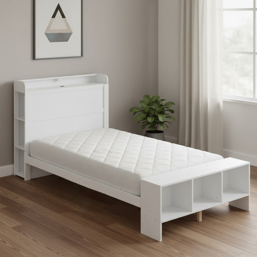 HomeRoots White Wood Twin Bed Frame with Built-In USB Port - Modern Design, Durable & Space-Saving Solution! 590566